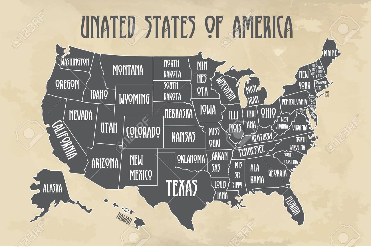 Plakatkarte Der Vereinigten Staaten Von Amerika Mit Staatsnamen Schwarzweiss Druckkarte Von USA F r T Shirt Plakat Oder Geographische Themen Handgezeichnete Schwarze Karte Mit Staaten Vektor Illustration Lizenzfrei Nutzbare SVG Vektorgrafiken 