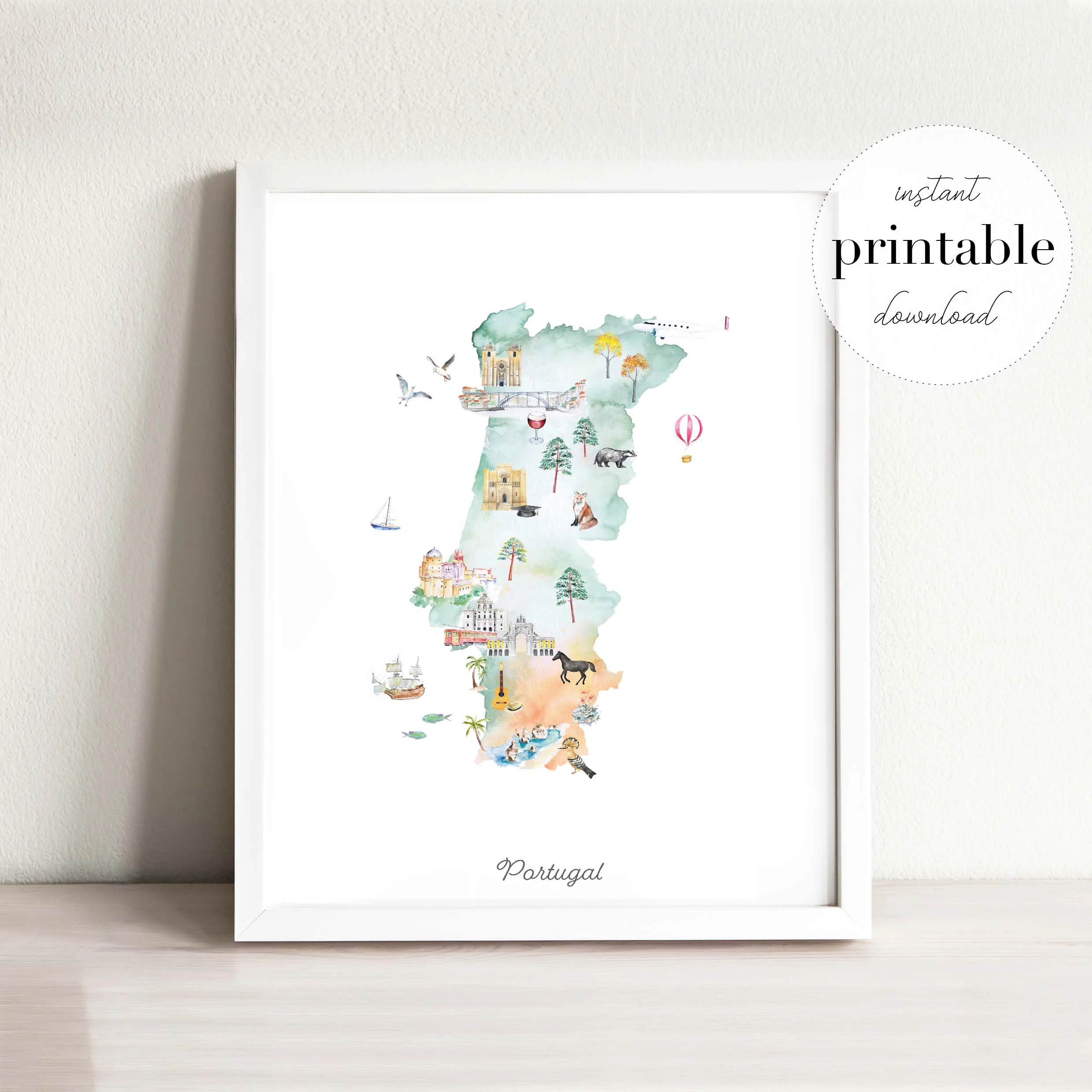 Portugal Illustrated Map Printable Wall Art Print Nursery Decor Landmarks Kids Room Travel Print Drawing Animal Map Country Map Etsy