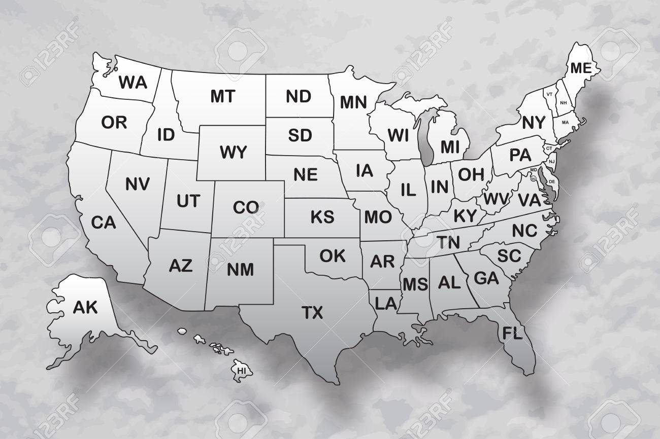 Poster Map Of United States Of America With State Names And Shadow On The Sky Background Black And White Print Map Of USA For T shirt Poster Or Geographic Themes Vector Illustration Royalty