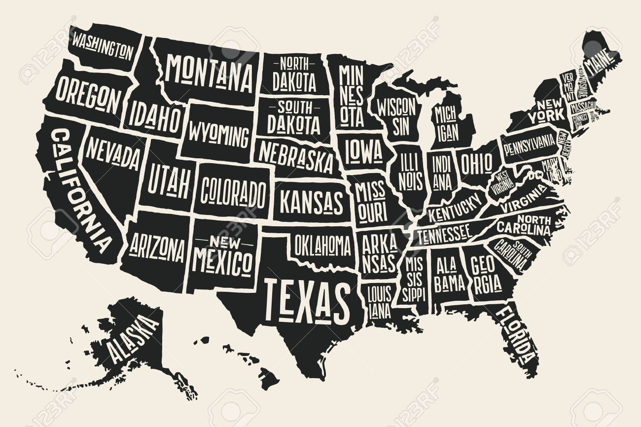Poster Map Of United States Of America With State Names Black And White Print Map Of USA For T shirt Poster Or Geographic Themes Hand drawn Black Map With States Vector Illustration Royalty Free