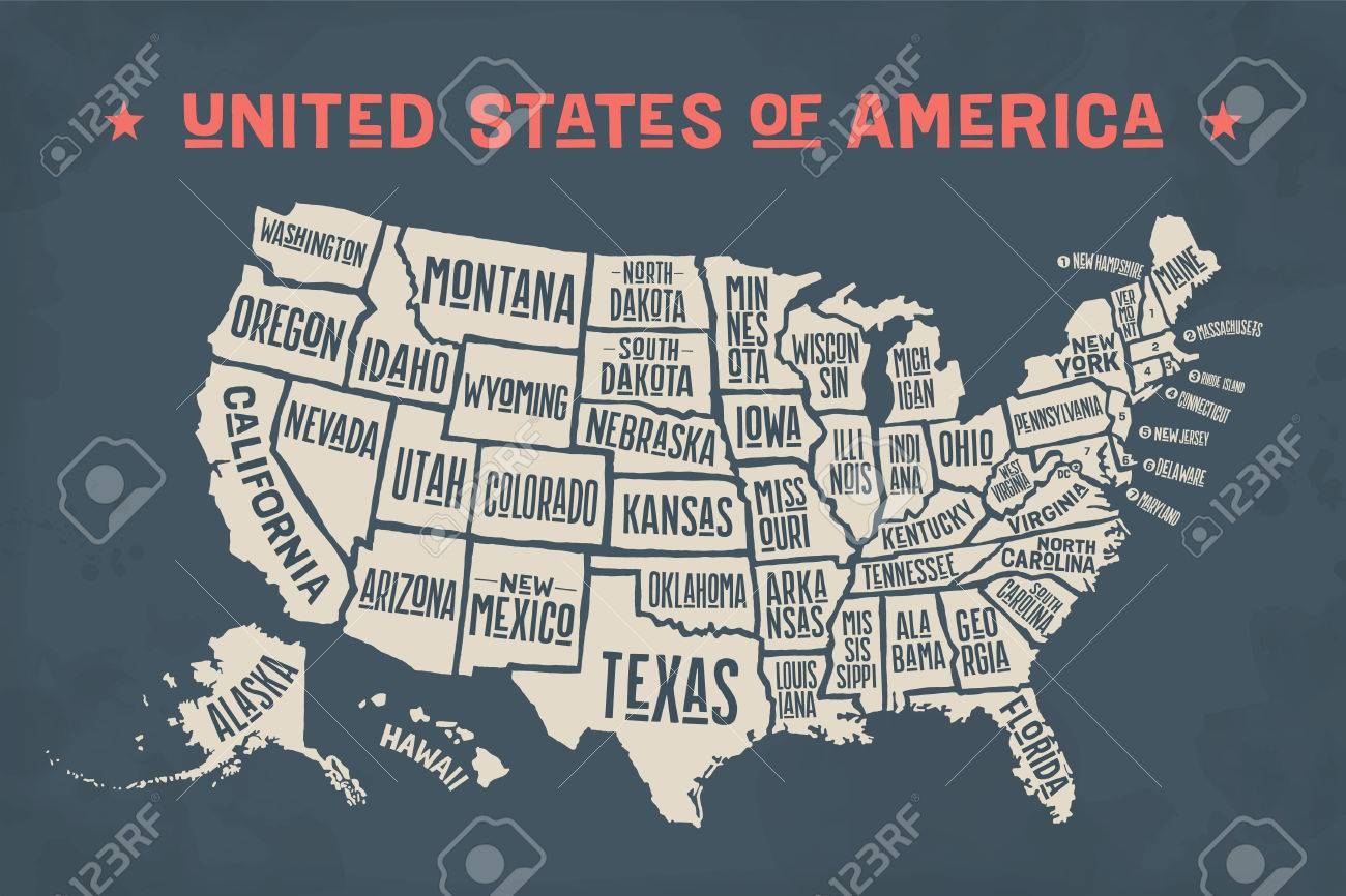 Poster Map Of United States Of America With State Names Black And White Print Map Of USA For T shirt Poster Or Geographic Themes Hand drawn Black Map With States Vector Illustration Royalty Free