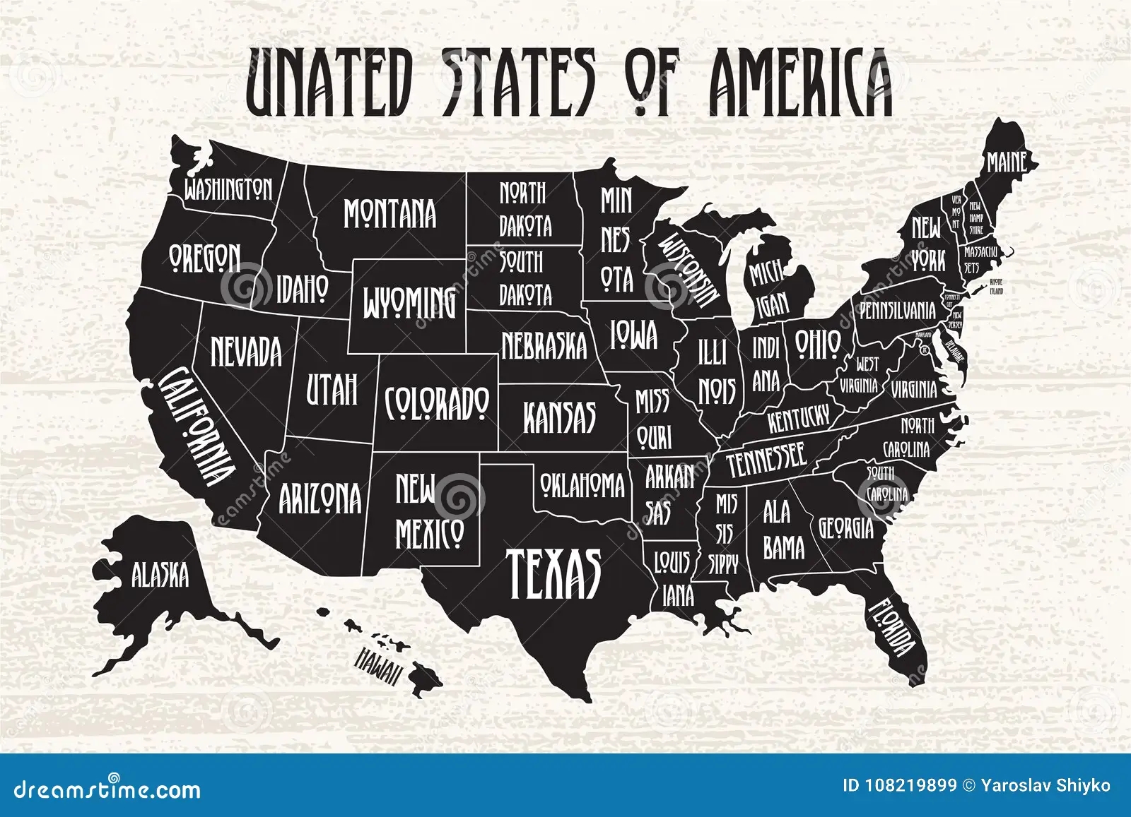 Poster Map Of United States Of America With State Names Black And White Print Map Of USA For T shirt Poster Or Stock Vector Illustration Of Background Massachusetts 108219899