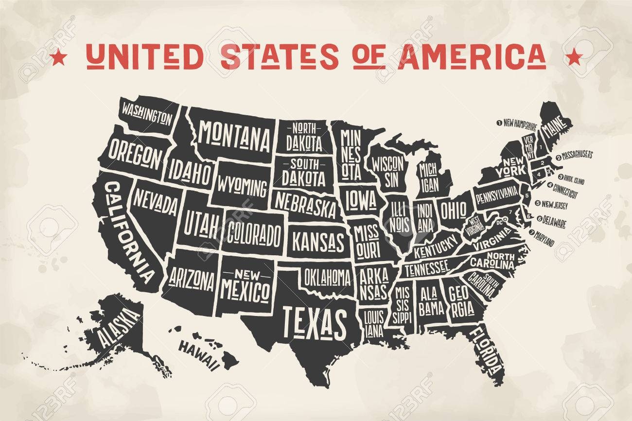 Poster Map Of United States Of America With State Names Black And White Print Map Of USA Royalty Free SVG Cliparts Vectors And Stock Illustration Image 73972057 