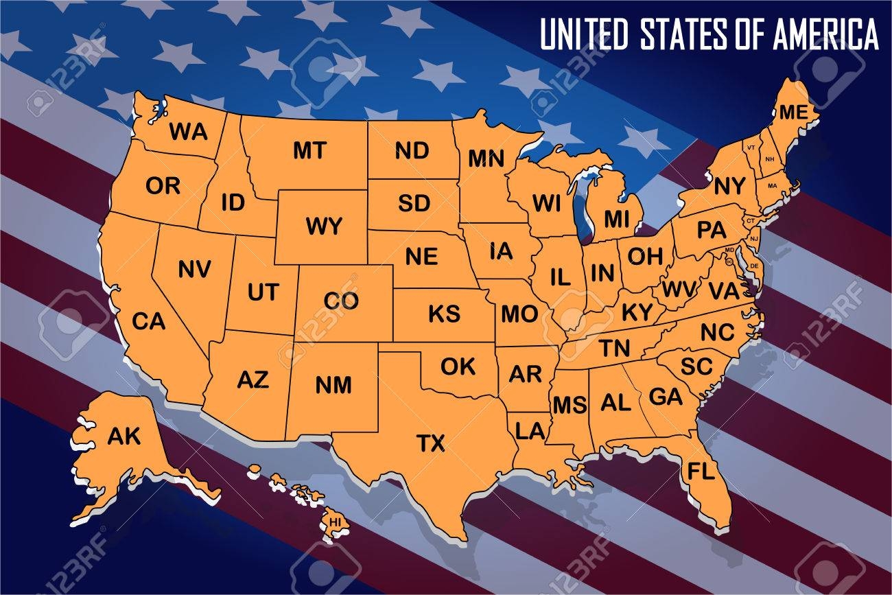 Poster Map Of United States Of America With State Names On The Flag Background Orange Print Map Of USA For T shirt Poster Or Geographic Themes Vector Illustration Royalty Free SVG Cliparts Vectors 