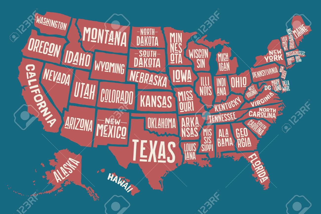 Poster Map Of United States Of America With State Names Print Map Of USA For T shirt Poster Or Geographic Themes Hand drawn Colorful Map With States Vector Illustration Royalty Free SVG Cliparts Vectors 