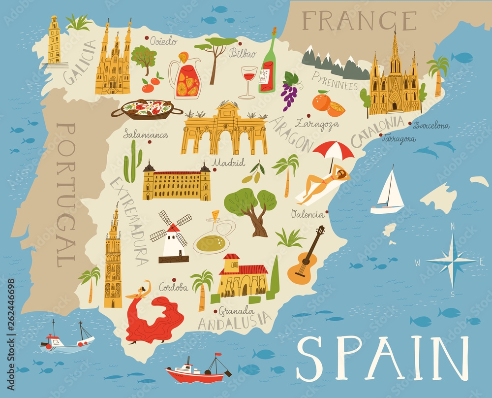 Poster Print Vector High Detailed Vector Map Of Spain With Cities And Symbols Of Spain 40x30 Cm