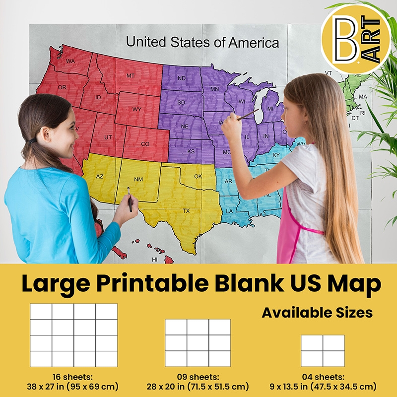 Printable Map Of The United States Sizes 4 9 Or 16 Sheets Of Paper