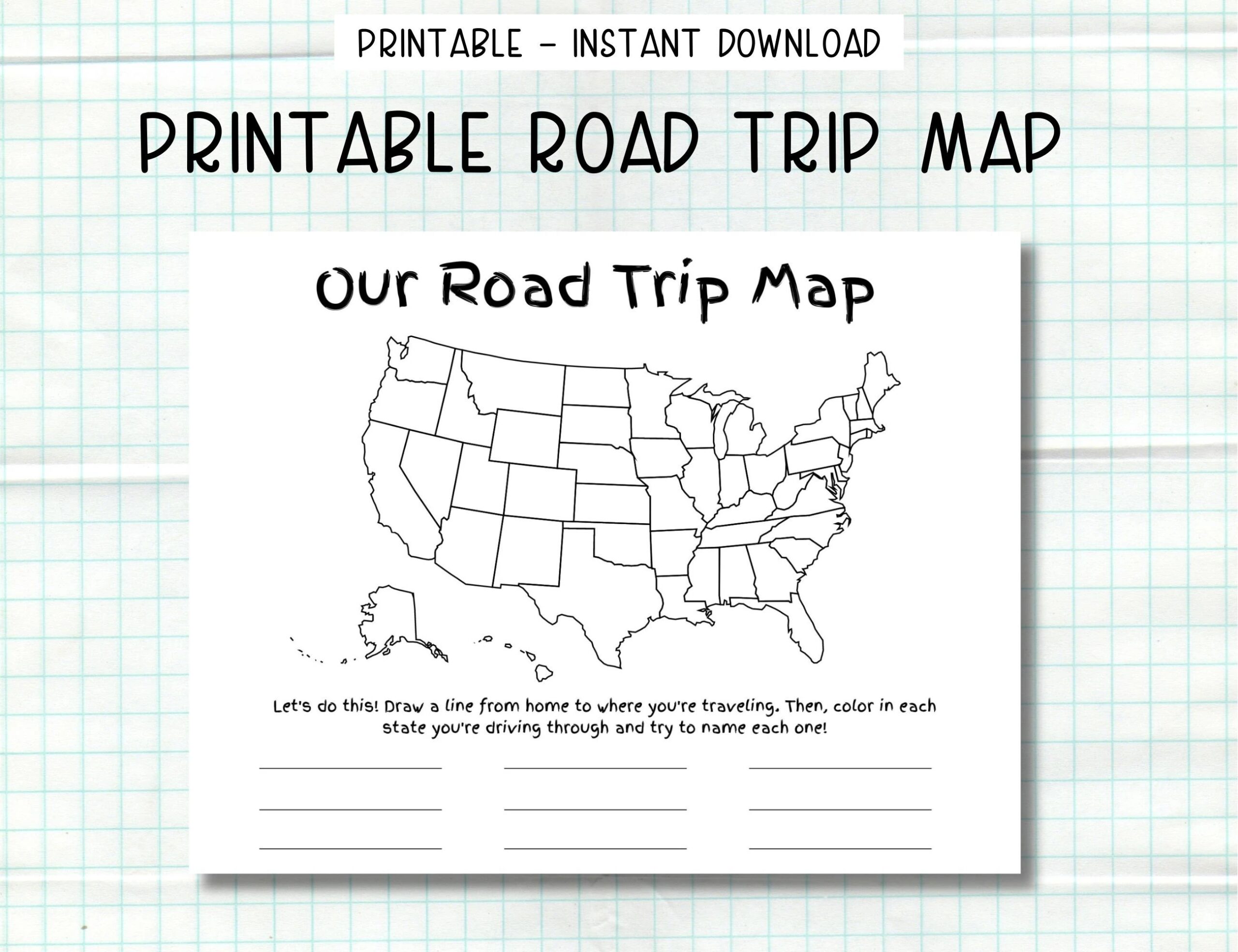 Printable Us Road Map Etsy