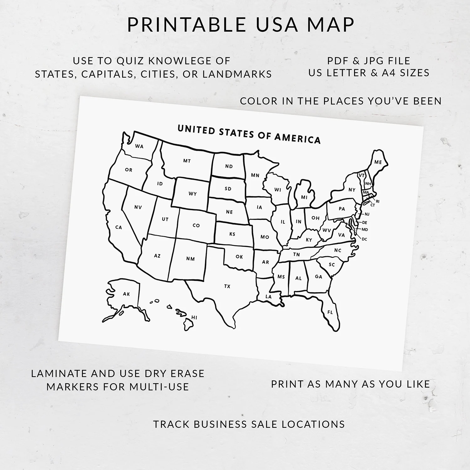 Printable USA Map US States With Abbreviations United States Map Coloring Page Places I ve Been Sales Map Tracker US Letter U0026 A4 Sizes Etsy