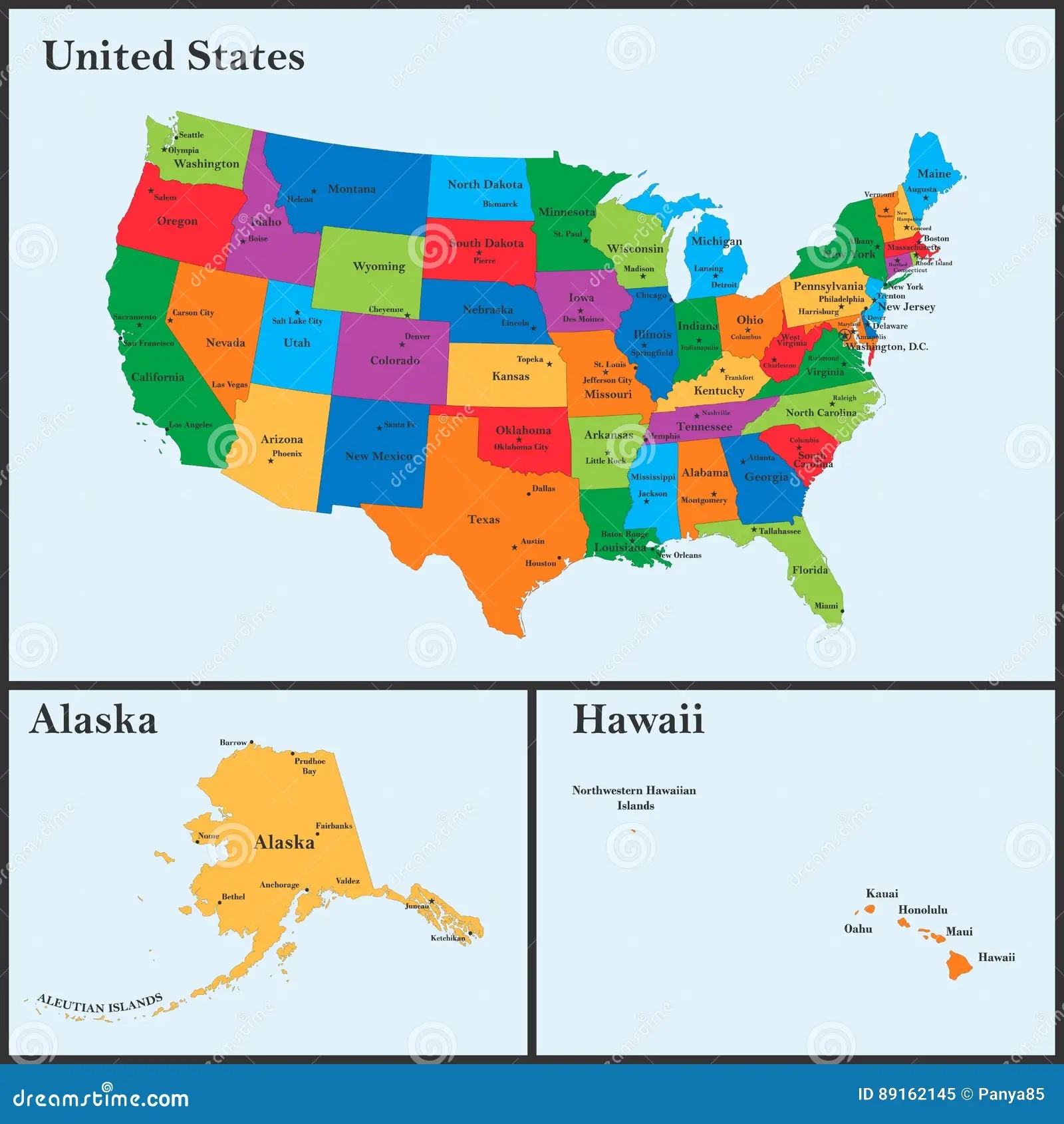 The Detailed Map Of The USA Including Alaska And Hawaii The United States Of America With The Capitals And The Biggest Cities Stock Vector Illustration Of Florida Montana 89162145