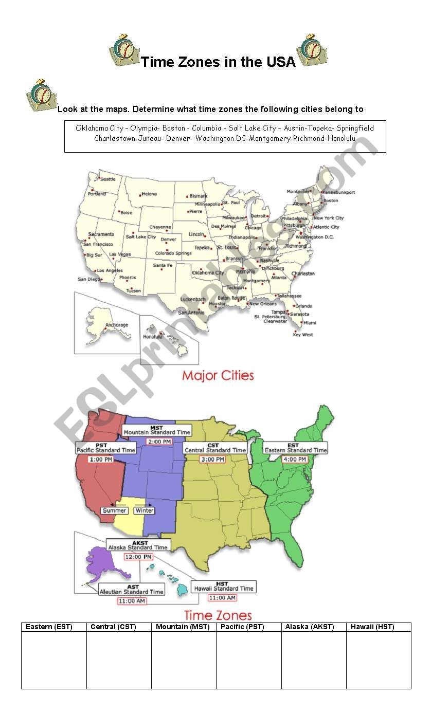 Time Zones In The USA ESL Worksheet By Cecilia Dagnino