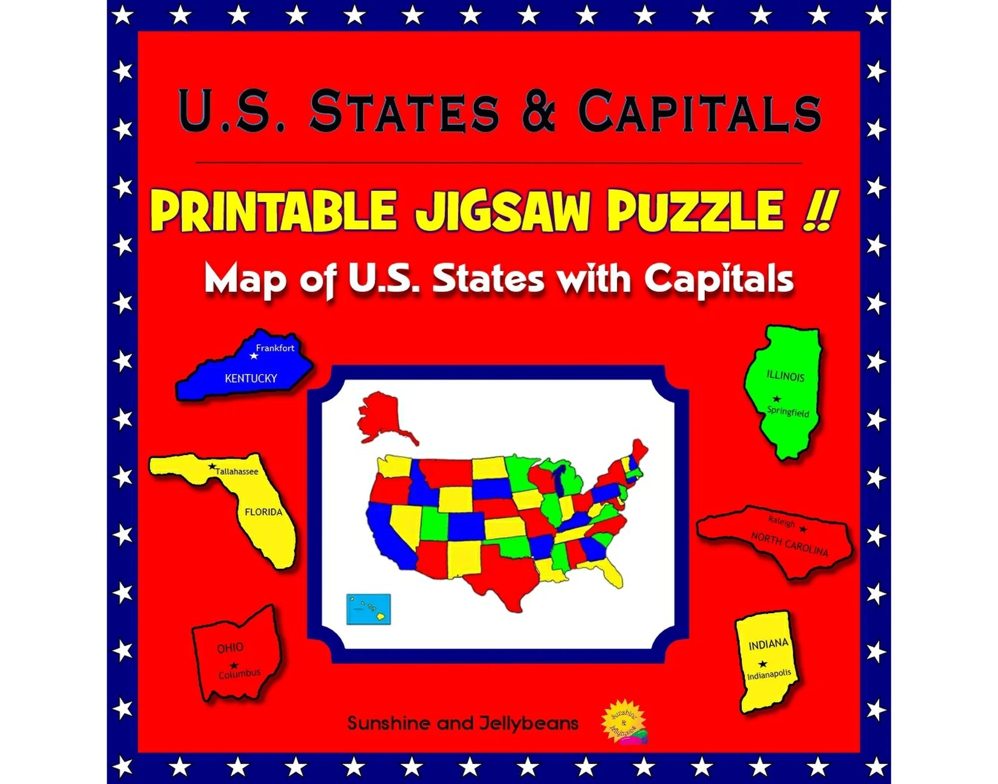 U S States Map Printable Jigsaw Puzzle Grades 3 7 Learn The States Capitals Etsy