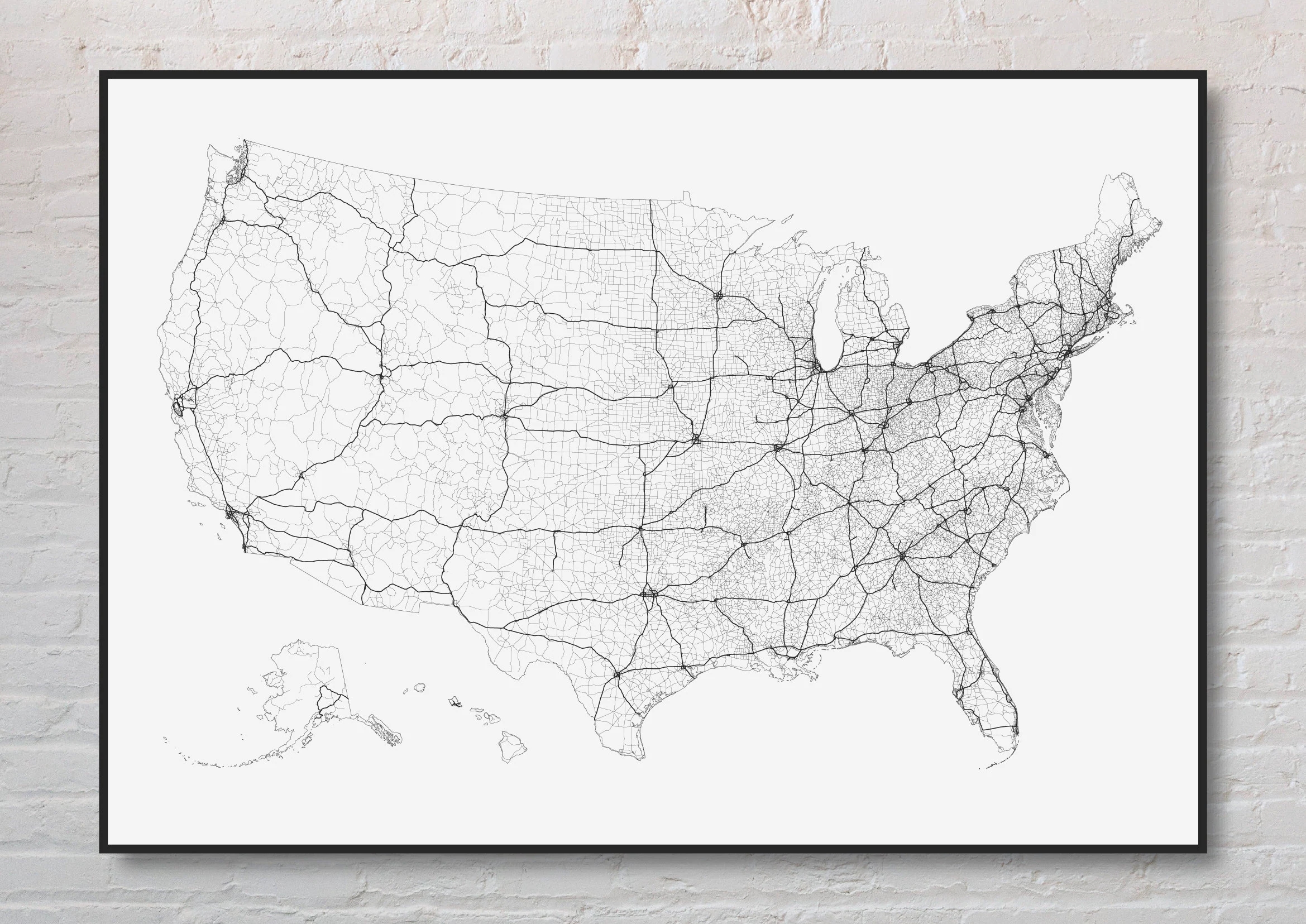 United States Road Map white black Etsy