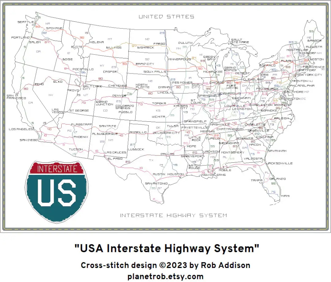 US INTERSTATE Highway System Cross stitch Map Pdf Download USA United States Pattern Design Roads Travel Etsy