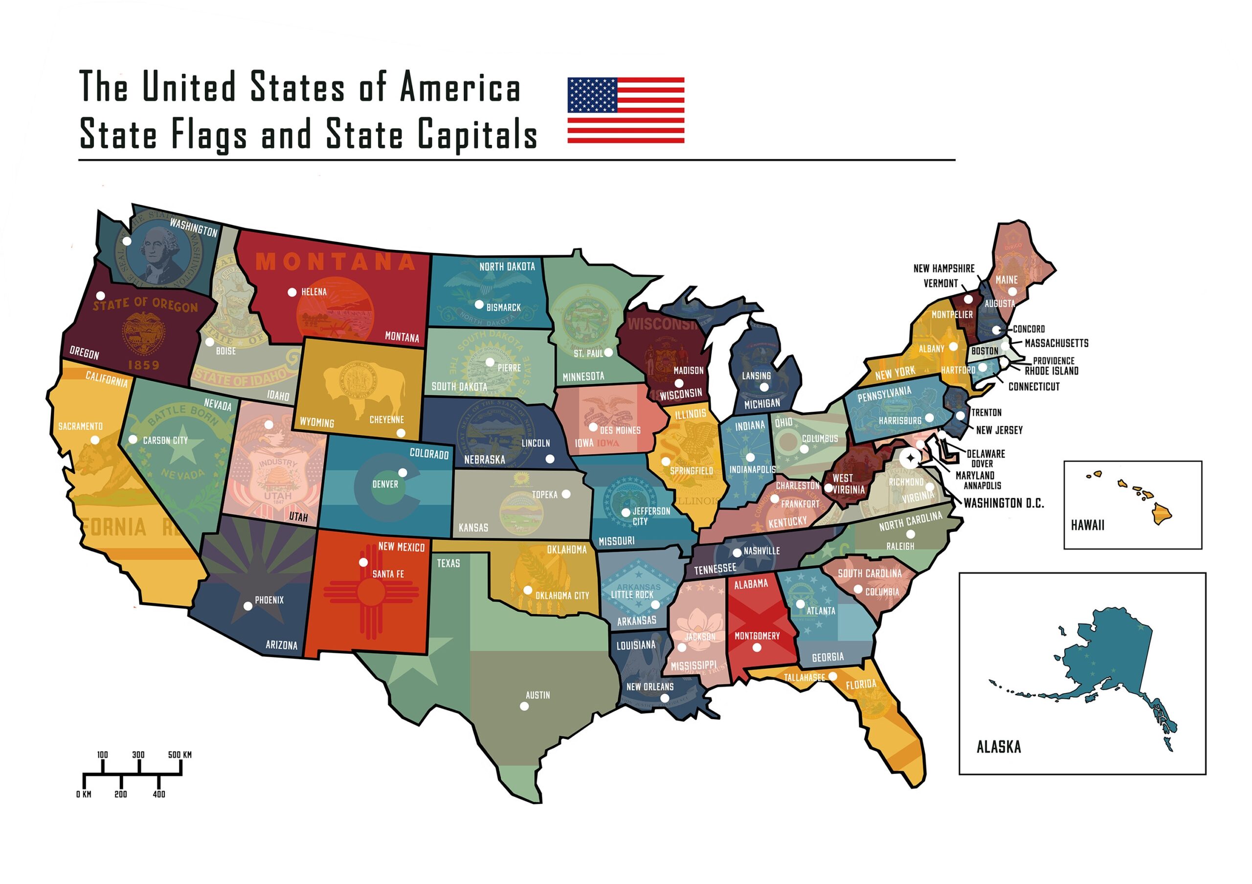 USA Map State Flags And State Capitals Limited Edition Gicl e Print Various Versions And Sizes A1 To A4 Unframed Etsy