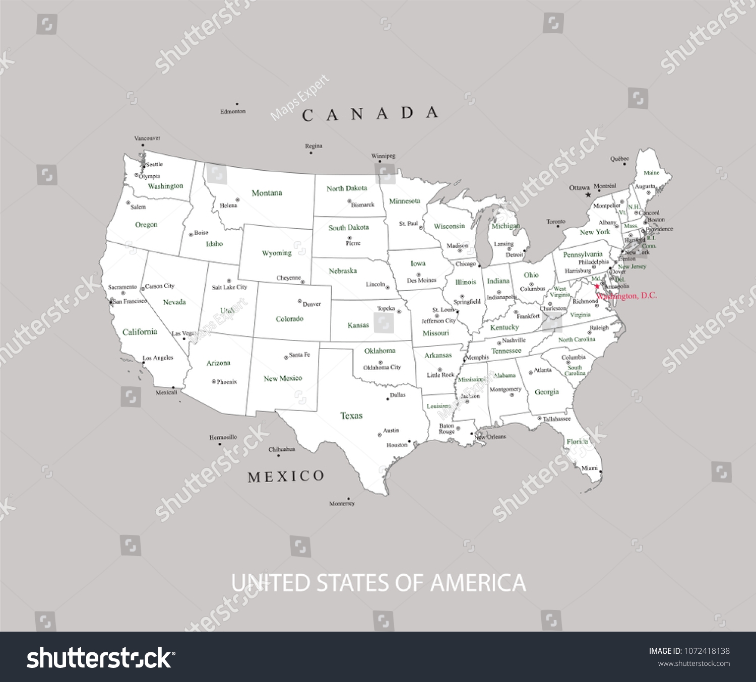 Usa Map States Major Cities Capitals Stock Vector Royalty Free 1072418138 Shutterstock