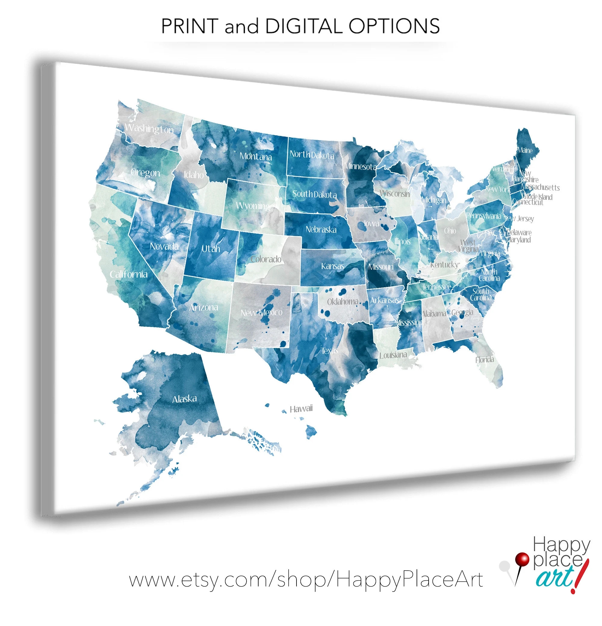 USA Map With States Aqua Mint Gray State Names On USA Map Watercolour US Map Push Pin Travels Canvas Usa Map Pin On Map Usa States