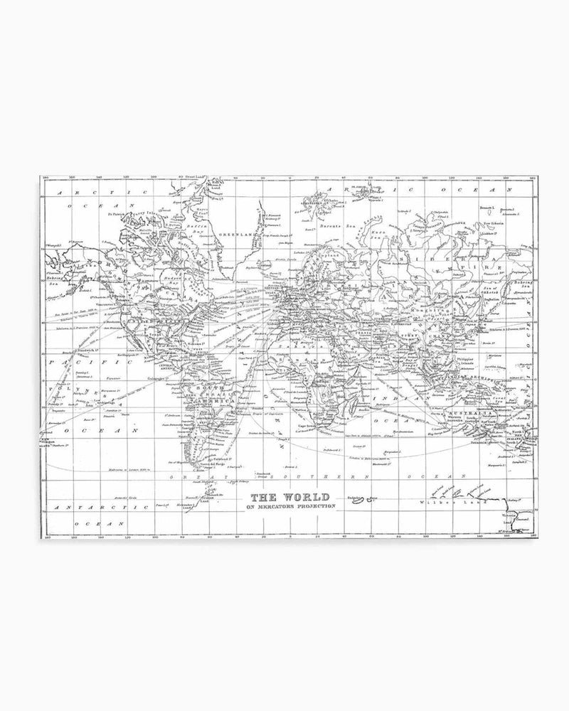 World Map Black And White Vintage II Art Print For Your Office 