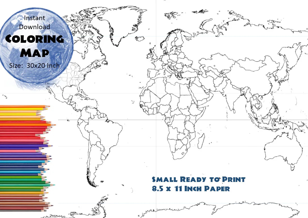 World Map Coloring Page Black U0026 White Map Countries Outline Map Without Labels 8 5x11 Inch Etsy