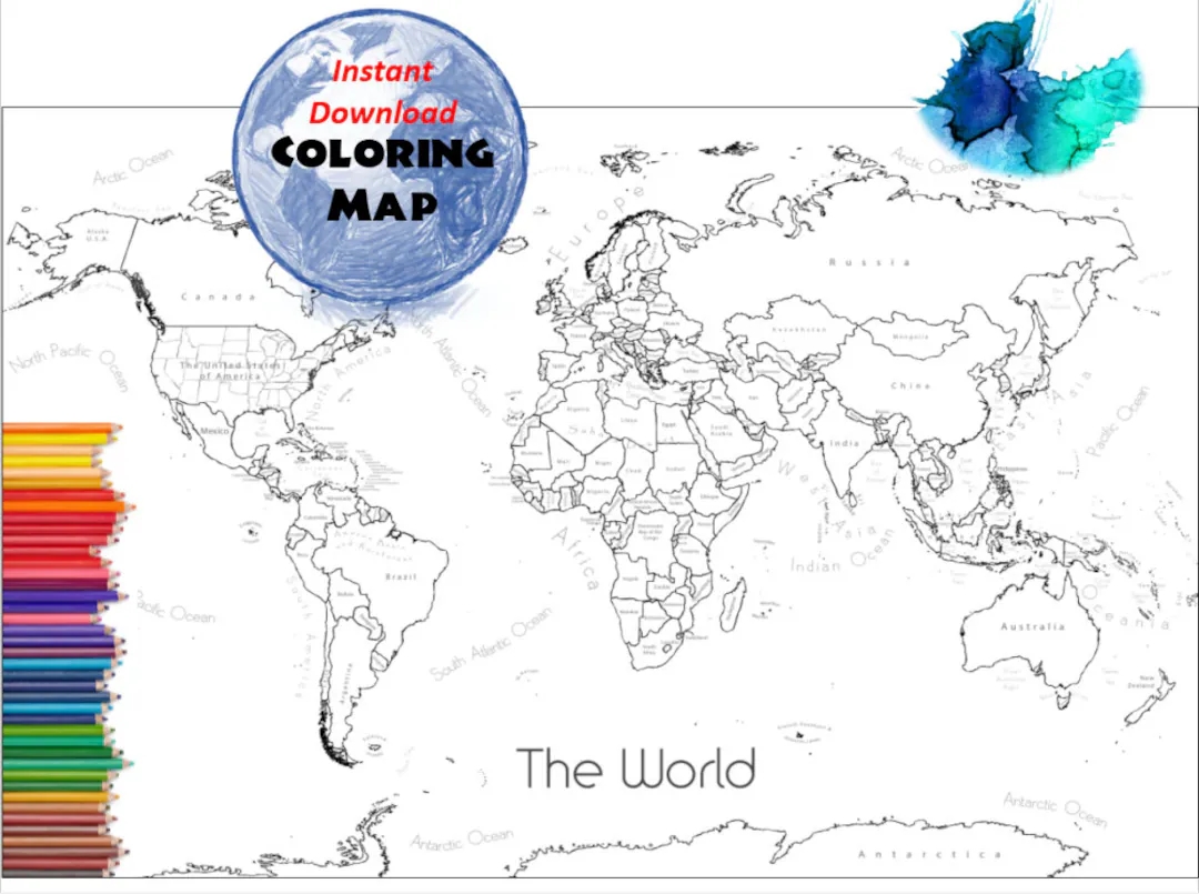 World Map Coloring Page World Sales Map Labeled World Map A4 And 8 5x11 Inch Coloring Book Countries Outline Map With Labels Etsy