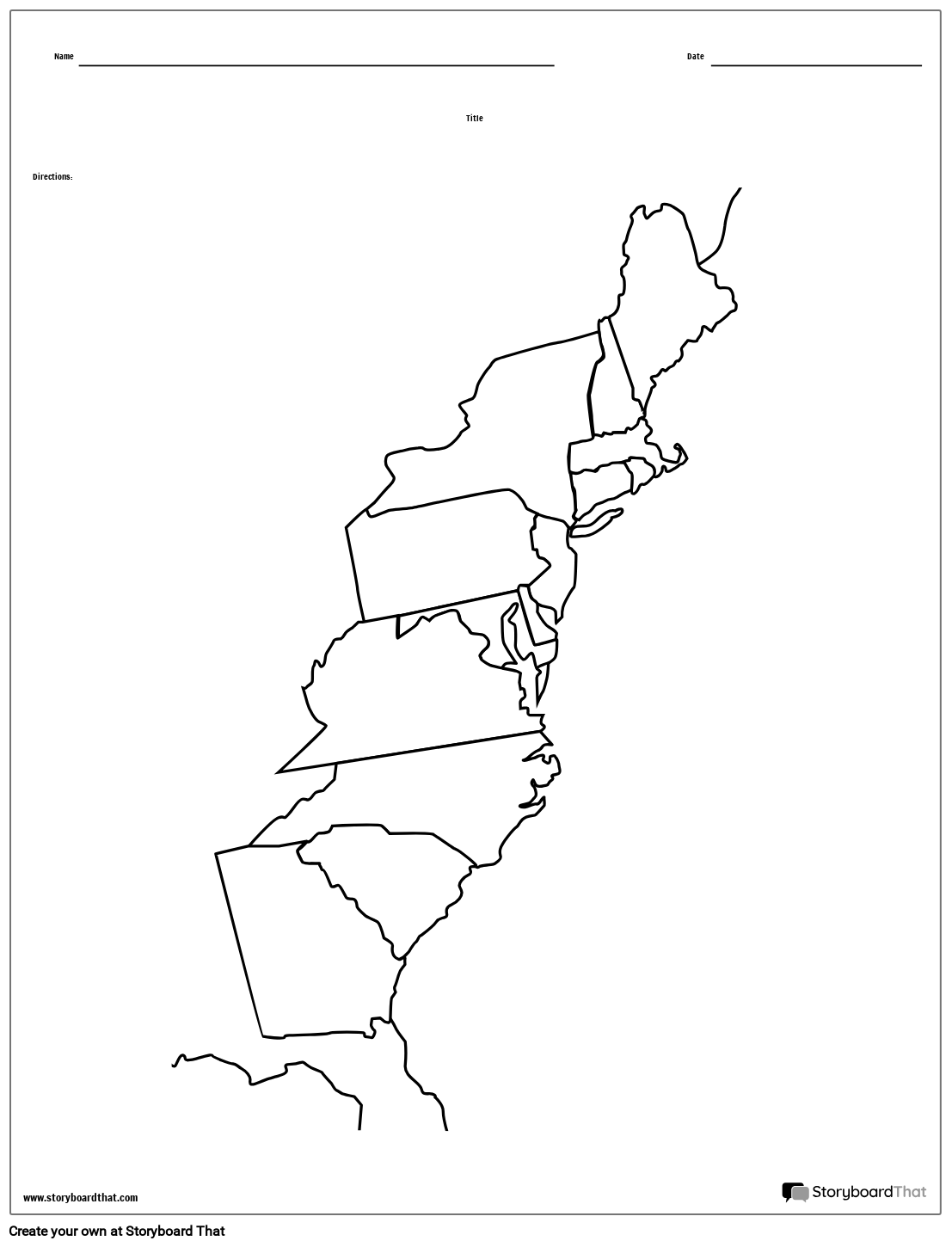 13 colonies map black and white blank storyboard