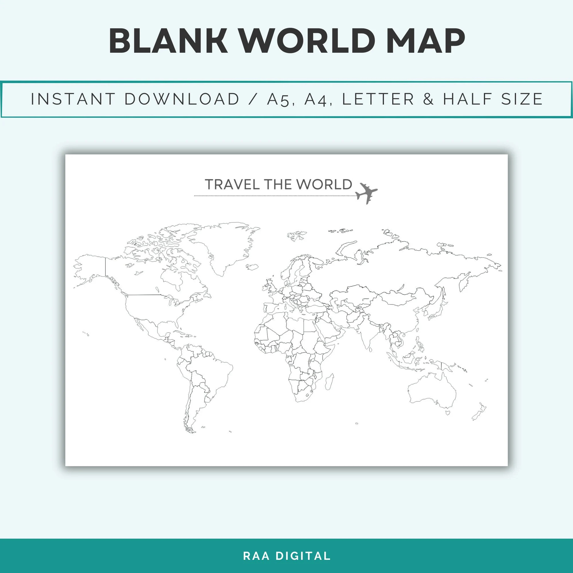 blank outline map of the world where i ve been printable blank world map travel map bucket list map landscape 4 sizes digital file etsy