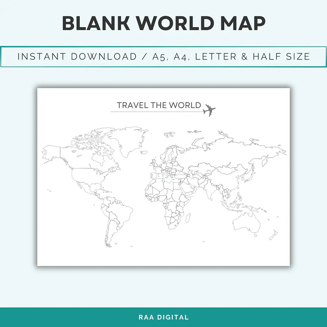 blank outline map of the world where i ve been printable blank world map travel map bucket list map landscape 4 sizes digital file etsy
