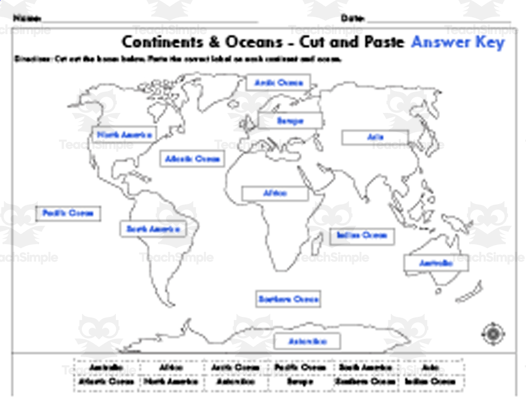 cut and paste continents and oceans world map by teach simple