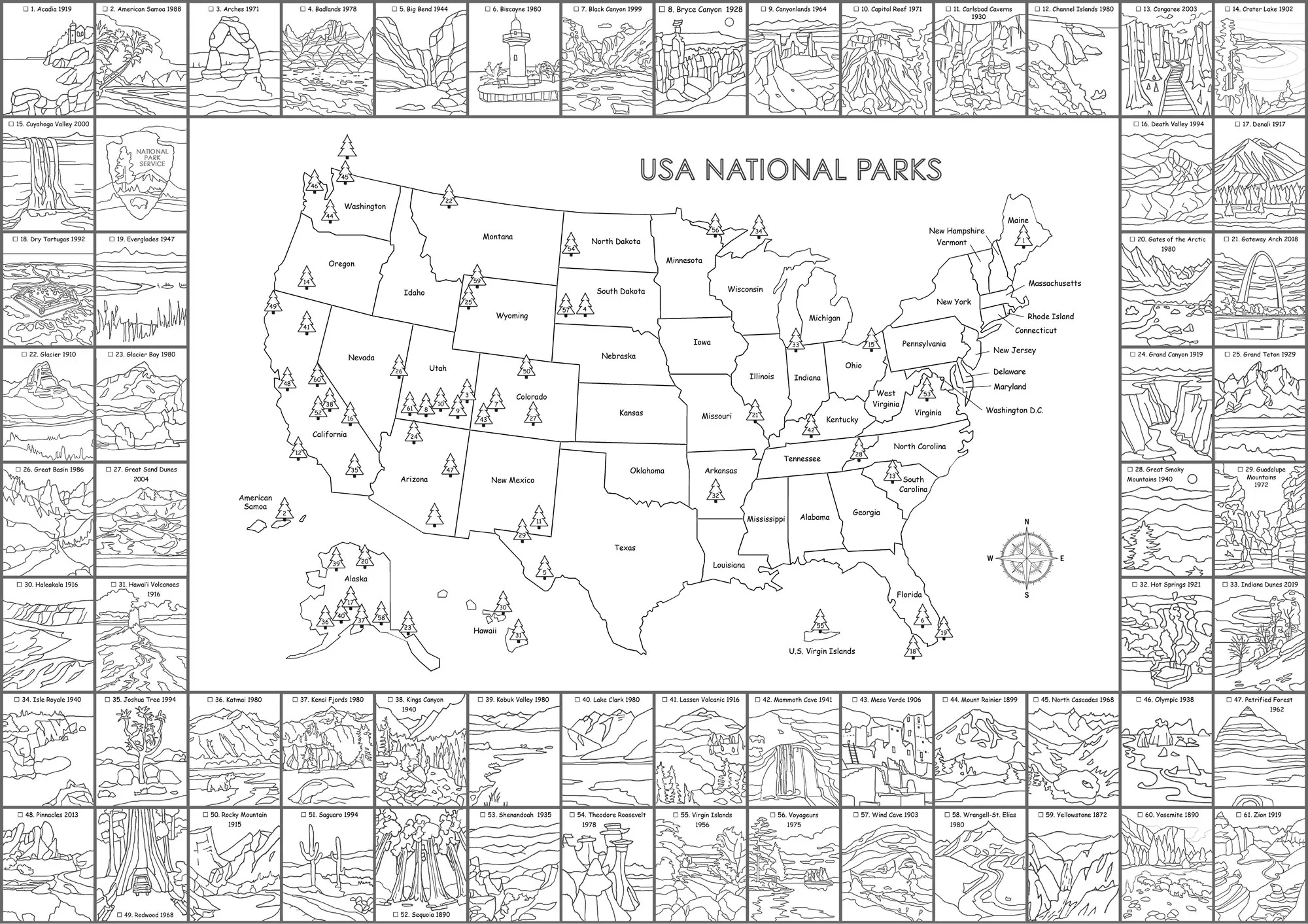 national park printable map with checklist black and white us map poster coloring page etsy