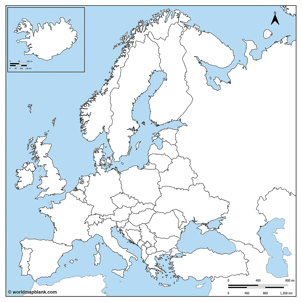 Printable Blank Map Of Europe Outline Countries Capitals