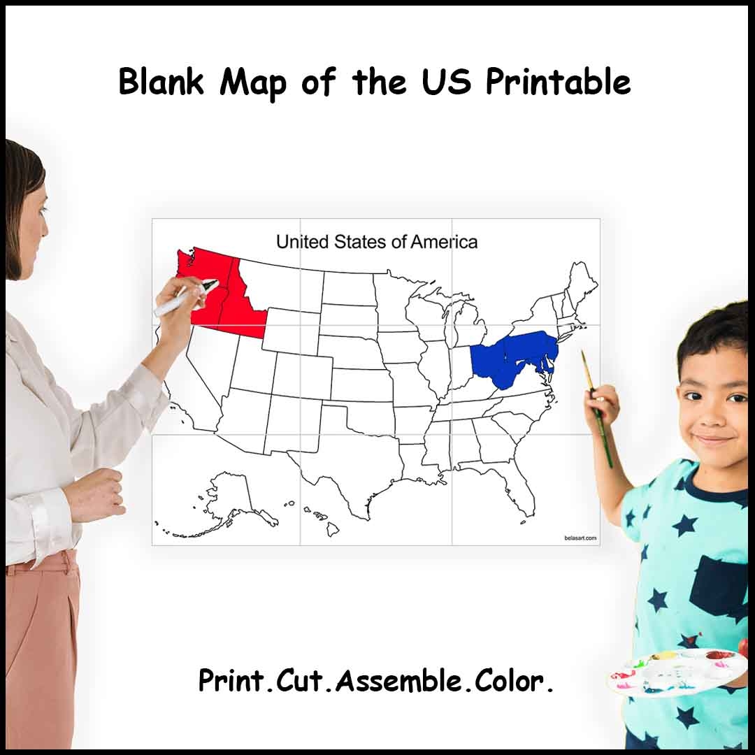 printable map of the united states sizes 4 9 or 16 sheets of paper