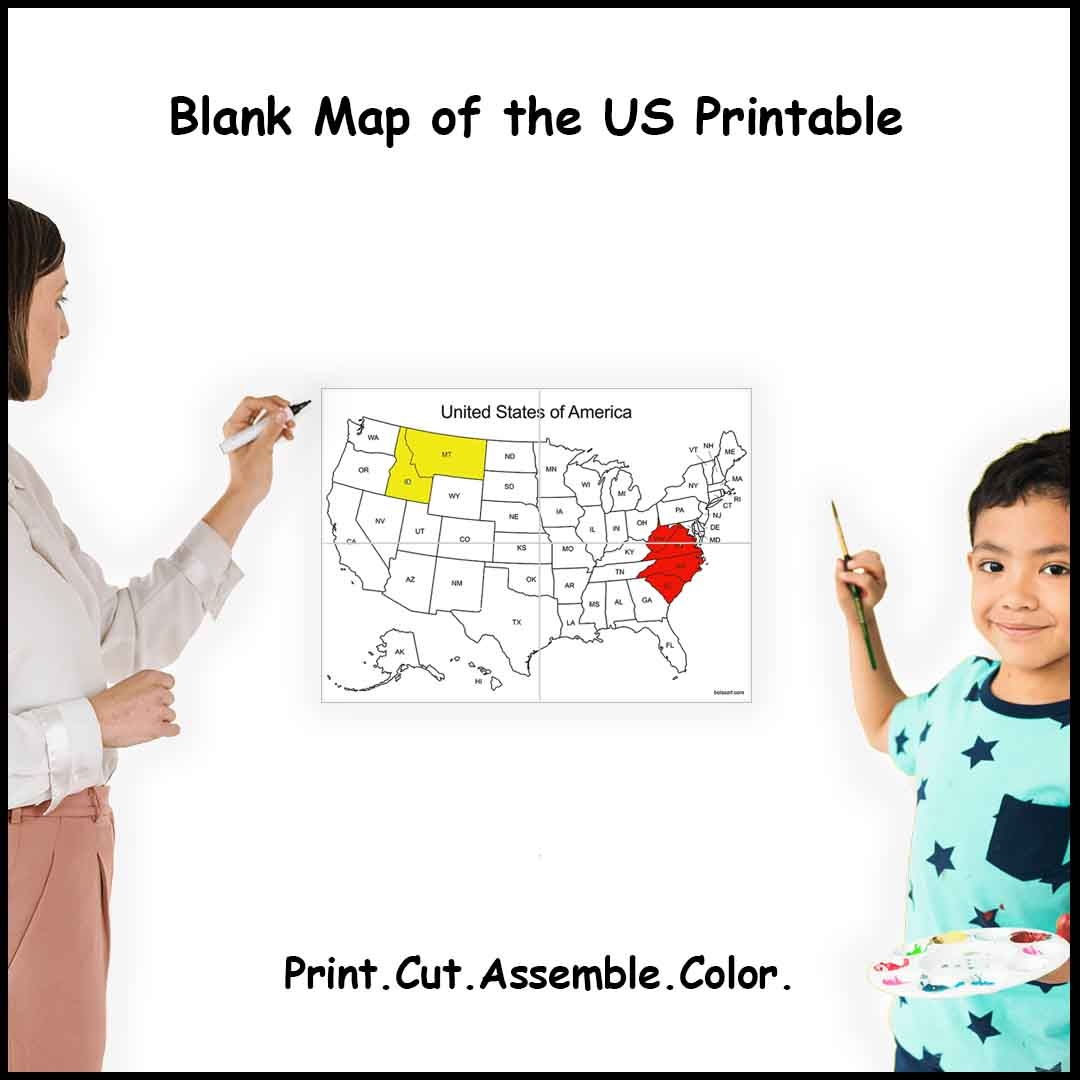 printable map of the united states sizes 4 9 or 16 sheets of paper