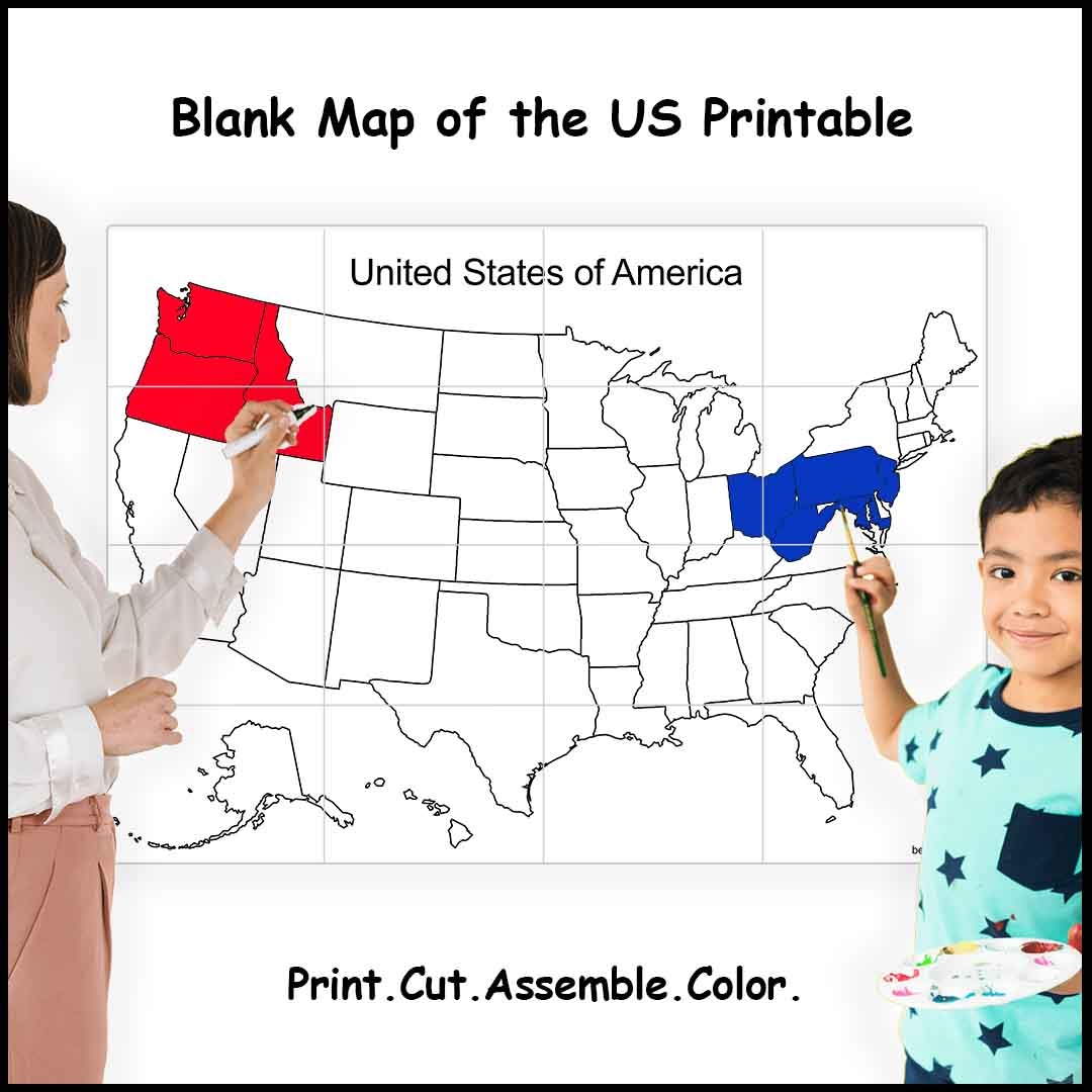 printable map of the united states sizes 4 9 or 16 sheets of paper