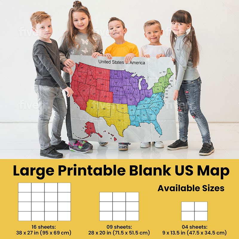 printable map of the united states sizes 4 9 or 16 sheets of paper
