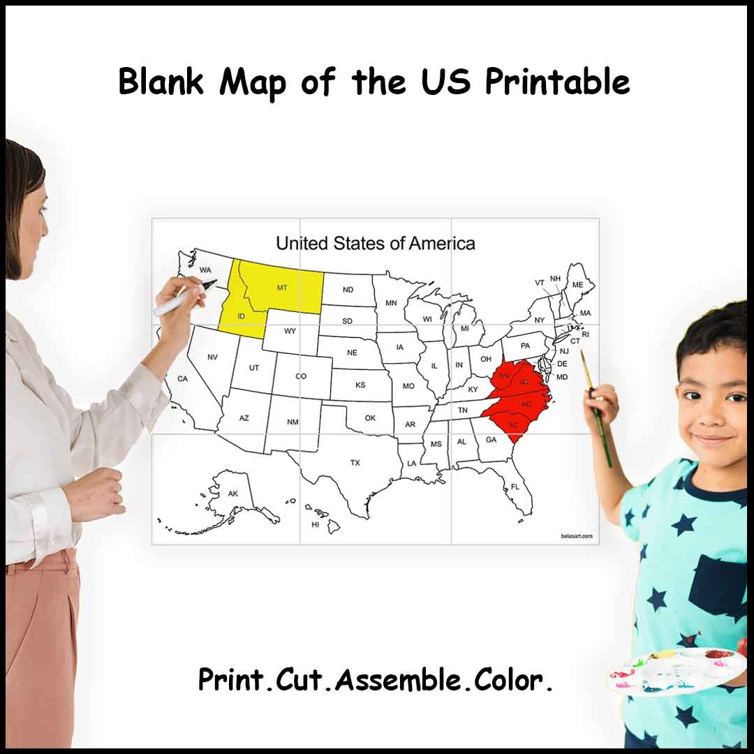 printable map of the united states sizes 4 9 or 16 sheets of paper
