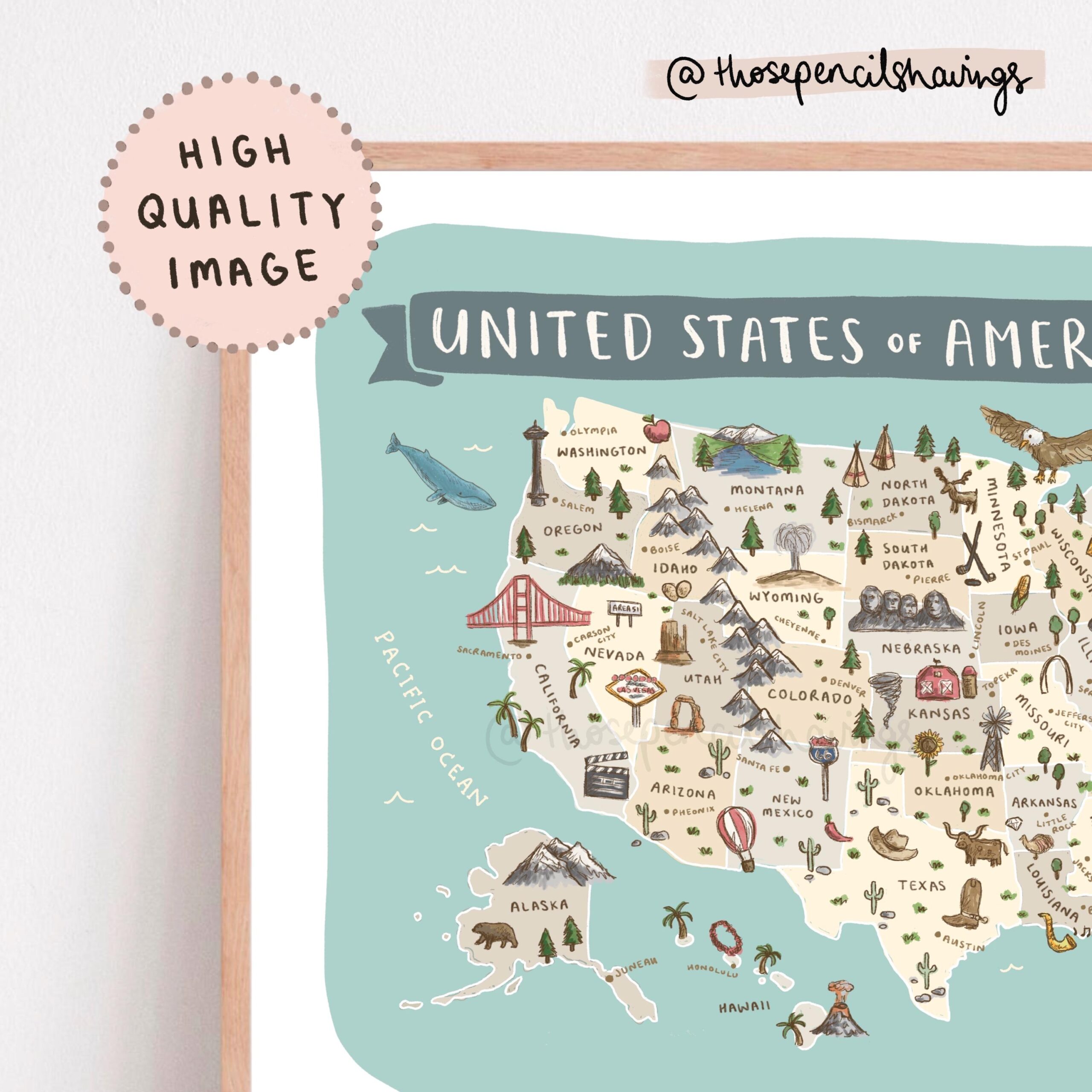 usa map print illustrated united states printable wall art